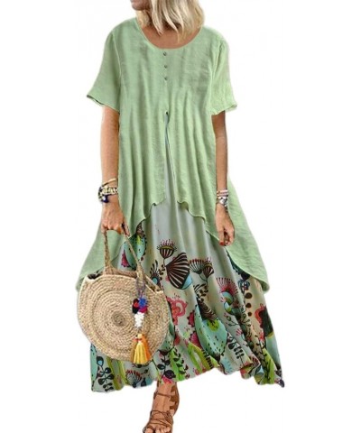 Women's Boho Floral Linen Maxi Dresses Flowy Loose Casual Long T Shirt Dresses Plus Size Style C Green $14.72 Dresses