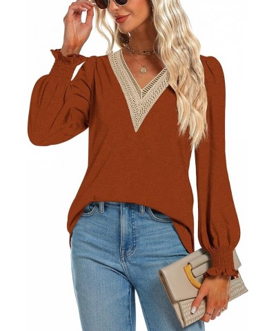 Women's Casual Lace V Neck T Shirts Dressy Smocked Puff Long Sleeve Tops Loose Tunic Blouses Caramel $9.17 Tops