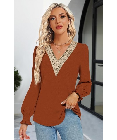 Women's Casual Lace V Neck T Shirts Dressy Smocked Puff Long Sleeve Tops Loose Tunic Blouses Caramel $9.17 Tops