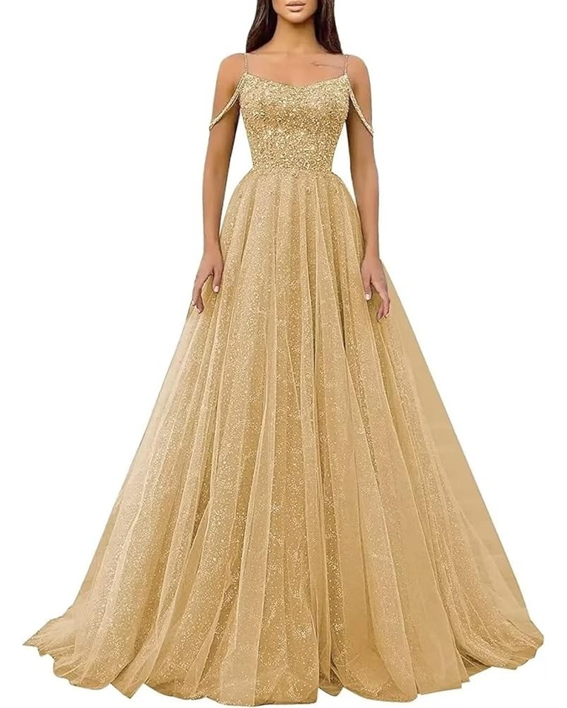 Sparkly Glitter Ball Gown Spaghetti Straps Long Prom Dresses for Women Formal Evening Party Gowns Champagne $48.40 Dresses