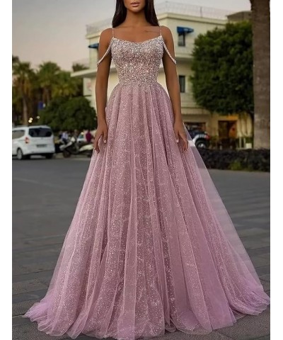 Sparkly Glitter Ball Gown Spaghetti Straps Long Prom Dresses for Women Formal Evening Party Gowns Champagne $48.40 Dresses