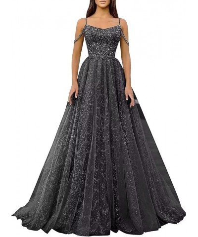 Sparkly Glitter Ball Gown Spaghetti Straps Long Prom Dresses for Women Formal Evening Party Gowns Champagne $48.40 Dresses