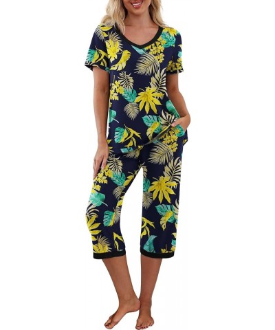 Women's Pajama Set Short Sleeve Shirt and Capri Pants Sleepwear Pjs Sets with Pockets Yellow Leaf Blue $14.00 Sleep & Lounge