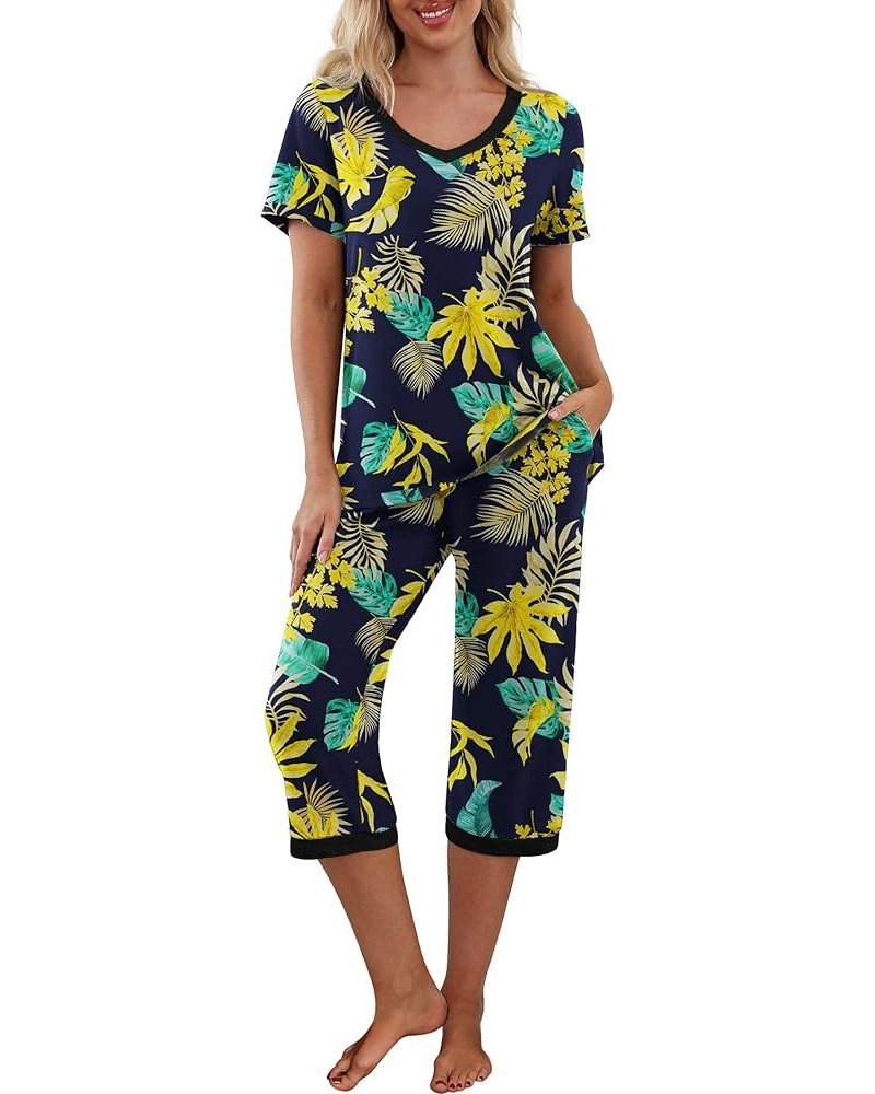 Women's Pajama Set Short Sleeve Shirt and Capri Pants Sleepwear Pjs Sets with Pockets Yellow Leaf Blue $14.00 Sleep & Lounge