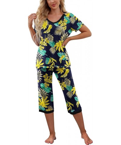 Women's Pajama Set Short Sleeve Shirt and Capri Pants Sleepwear Pjs Sets with Pockets Yellow Leaf Blue $14.00 Sleep & Lounge