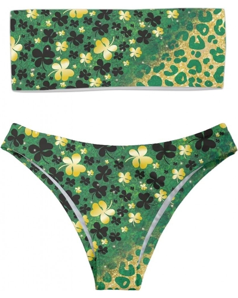 Padding Bandeau Top Swimsuit 2piece Bikini Tankini High Cut Panties Floral Leopard Designs Plus Size St.patrick Leopard Leaf ...