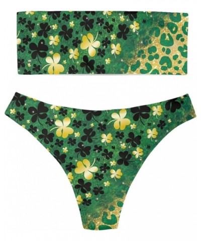 Padding Bandeau Top Swimsuit 2piece Bikini Tankini High Cut Panties Floral Leopard Designs Plus Size St.patrick Leopard Leaf ...