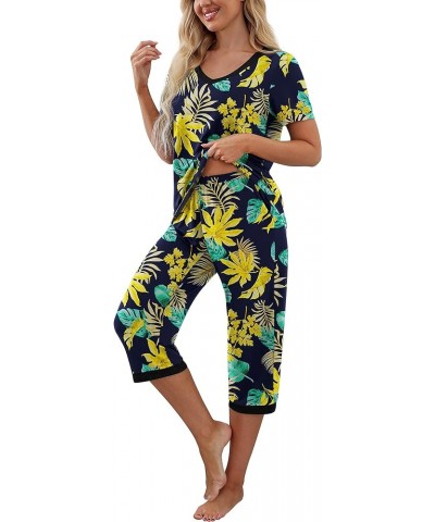 Women's Pajama Set Short Sleeve Shirt and Capri Pants Sleepwear Pjs Sets with Pockets Yellow Leaf Blue $14.00 Sleep & Lounge