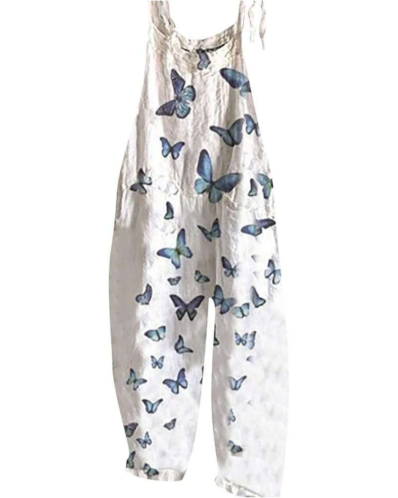 Women Casual Jumpsuits Loose Long Bib Pants Flower Print Adjustable Wide Leg Rompers Summer Overalls for Women 05-white $13.5...