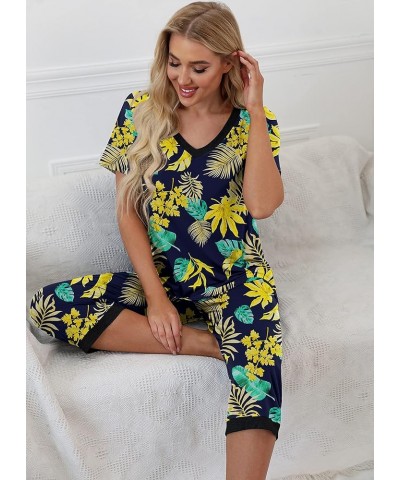 Women's Pajama Set Short Sleeve Shirt and Capri Pants Sleepwear Pjs Sets with Pockets Yellow Leaf Blue $14.00 Sleep & Lounge