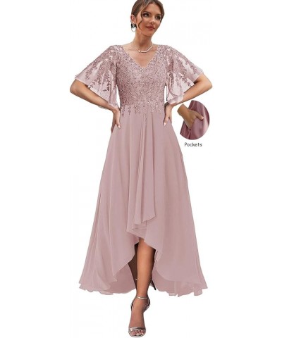 High Low Mother of The Bride Dresses for Wedding Tea Length Formal Dress Lace Evening Gown with Sleeves Wisteria $29.90 Dresses