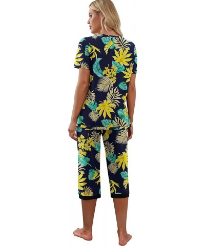 Women's Pajama Set Short Sleeve Shirt and Capri Pants Sleepwear Pjs Sets with Pockets Yellow Leaf Blue $14.00 Sleep & Lounge