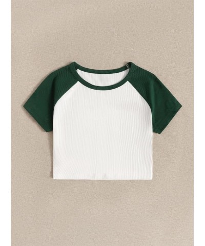 Women's Cute Rib Knit Crop Tops Bulb Print 2000s Baby Tees Green Color Block $7.79 T-Shirts