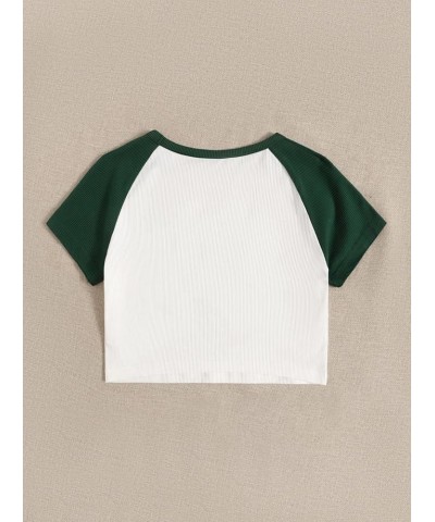 Women's Cute Rib Knit Crop Tops Bulb Print 2000s Baby Tees Green Color Block $7.79 T-Shirts