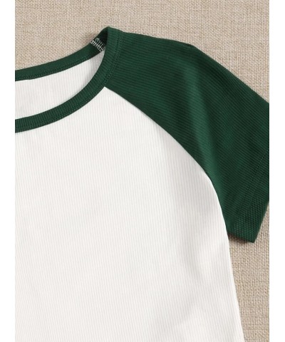 Women's Cute Rib Knit Crop Tops Bulb Print 2000s Baby Tees Green Color Block $7.79 T-Shirts