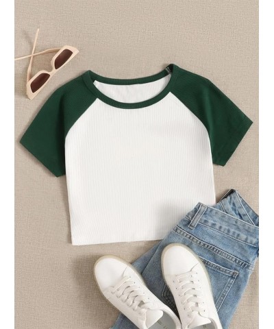 Women's Cute Rib Knit Crop Tops Bulb Print 2000s Baby Tees Green Color Block $7.79 T-Shirts