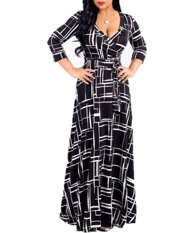 Women's Wrap V Neck Plus Size Maxi Dresses 3/4 Sleeves Chain Floral Printed Swing Dress with Belt 8193-black $13.74 Dresses