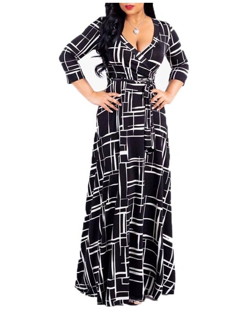 Women's Wrap V Neck Plus Size Maxi Dresses 3/4 Sleeves Chain Floral Printed Swing Dress with Belt 8193-black $13.74 Dresses