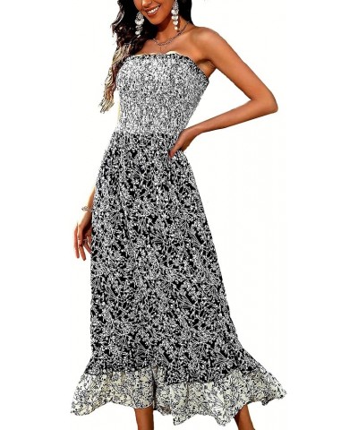 Women's Summer Maxi Dress Strapless Smocked Floral Print Ruffle Hem Boho Dress Beach Long Dresses Black $7.50 Swimsuits