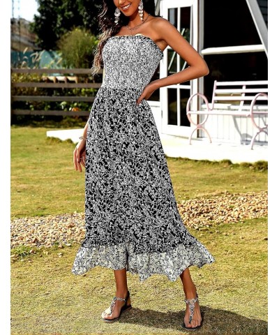 Women's Summer Maxi Dress Strapless Smocked Floral Print Ruffle Hem Boho Dress Beach Long Dresses Black $7.50 Swimsuits