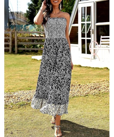 Women's Summer Maxi Dress Strapless Smocked Floral Print Ruffle Hem Boho Dress Beach Long Dresses Black $7.50 Swimsuits