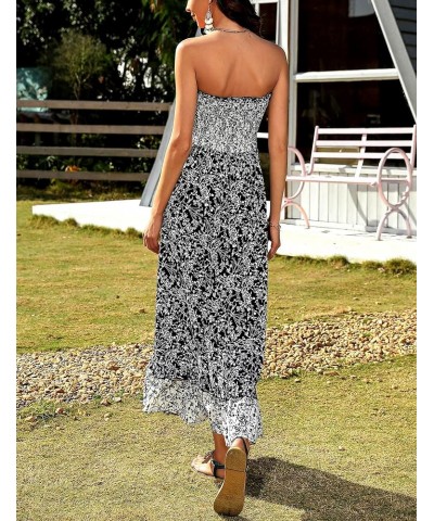 Women's Summer Maxi Dress Strapless Smocked Floral Print Ruffle Hem Boho Dress Beach Long Dresses Black $7.50 Swimsuits