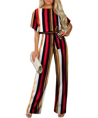 Women Casual Loose Short Sleeve Belted Wide Leg Pant Romper Jumpsuits A Striped 1 $21.35 Jumpsuits