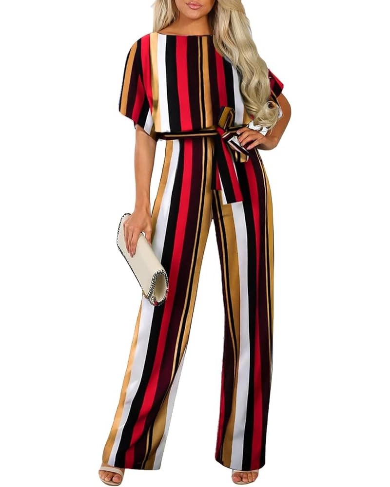 Women Casual Loose Short Sleeve Belted Wide Leg Pant Romper Jumpsuits A Striped 1 $21.35 Jumpsuits