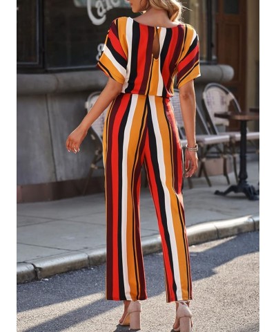 Women Casual Loose Short Sleeve Belted Wide Leg Pant Romper Jumpsuits A Striped 1 $21.35 Jumpsuits