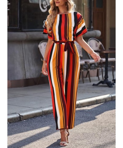 Women Casual Loose Short Sleeve Belted Wide Leg Pant Romper Jumpsuits A Striped 1 $21.35 Jumpsuits