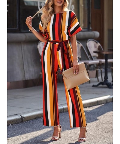 Women Casual Loose Short Sleeve Belted Wide Leg Pant Romper Jumpsuits A Striped 1 $21.35 Jumpsuits