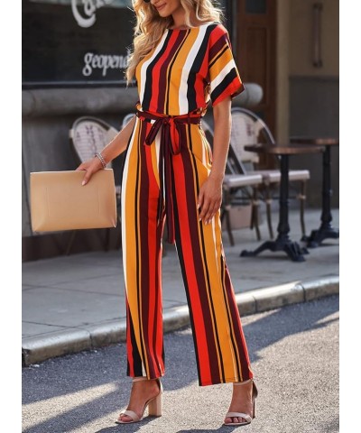 Women Casual Loose Short Sleeve Belted Wide Leg Pant Romper Jumpsuits A Striped 1 $21.35 Jumpsuits