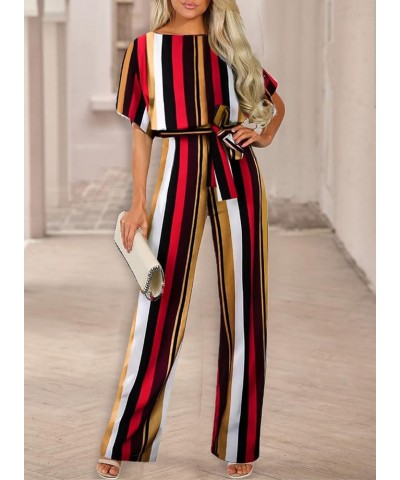 Women Casual Loose Short Sleeve Belted Wide Leg Pant Romper Jumpsuits A Striped 1 $21.35 Jumpsuits