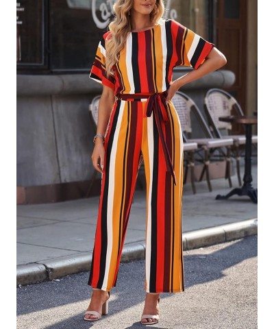 Women Casual Loose Short Sleeve Belted Wide Leg Pant Romper Jumpsuits A Striped 1 $21.35 Jumpsuits