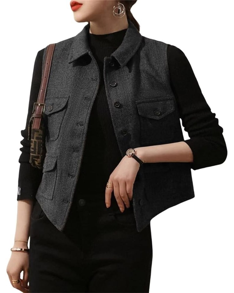 Womens Herringbone Tweed Waistcoat Lapel Vintage Button Dressy Vest Dark Grey $13.95 Vests