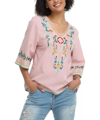 Women's V Neck Embroidered Mexican Peasant Blouse 1706pink $19.46 Blouses