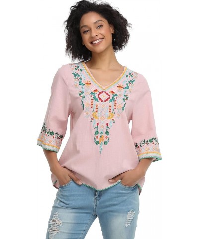 Women's V Neck Embroidered Mexican Peasant Blouse 1706pink $19.46 Blouses