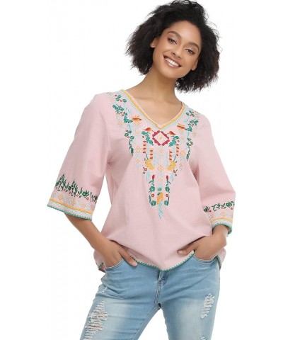 Women's V Neck Embroidered Mexican Peasant Blouse 1706pink $19.46 Blouses