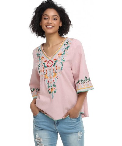 Women's V Neck Embroidered Mexican Peasant Blouse 1706pink $19.46 Blouses