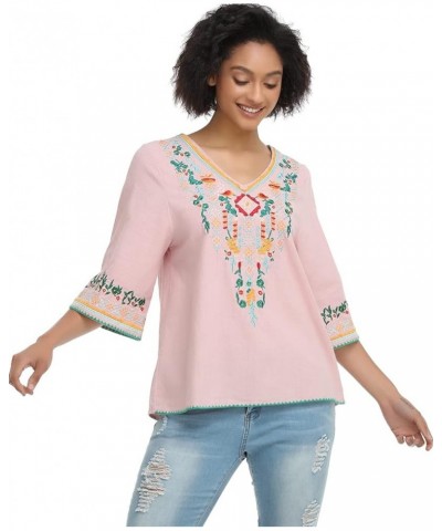 Women's V Neck Embroidered Mexican Peasant Blouse 1706pink $19.46 Blouses