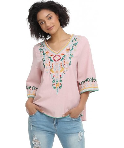 Women's V Neck Embroidered Mexican Peasant Blouse 1706pink $19.46 Blouses