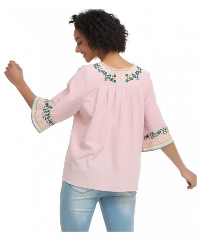 Women's V Neck Embroidered Mexican Peasant Blouse 1706pink $19.46 Blouses