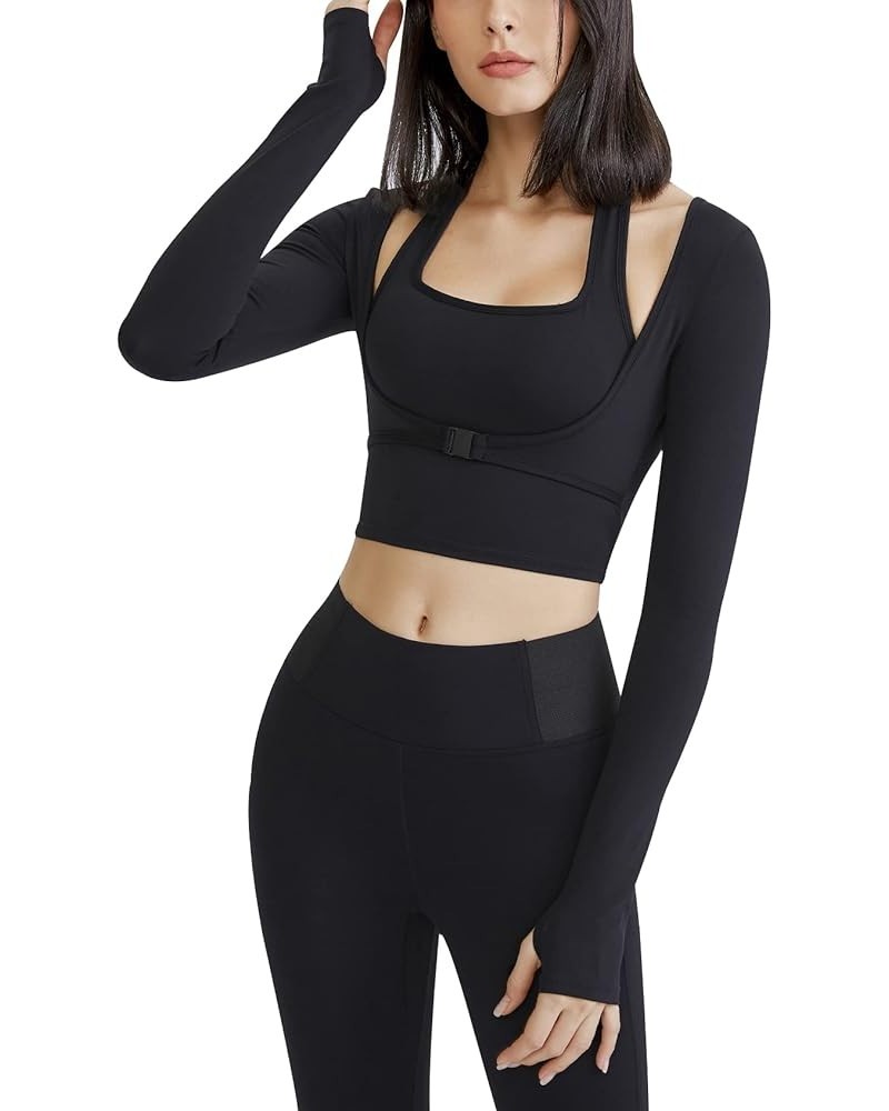 Long Sleeve Crop Top Workout Women Athletic Yoga Running Cropped Tops Slim Fit Sport Gym Shirts Black $13.99 Activewear