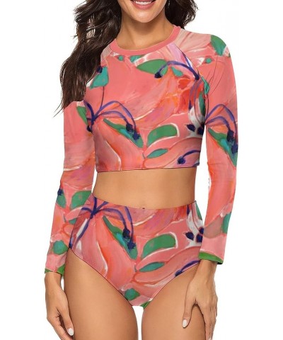 Womens Two Piece Rash Guard Swimsuit Long Sleeve Sun Protection Surfing Swimwear-1 Z-pink Green $16.19 Swimsuits