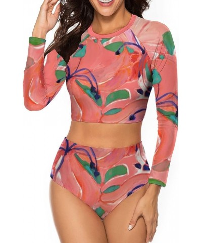 Womens Two Piece Rash Guard Swimsuit Long Sleeve Sun Protection Surfing Swimwear-1 Z-pink Green $16.19 Swimsuits