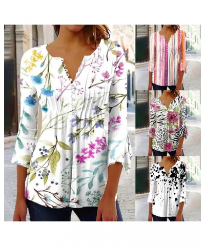 Fall Tops for Women Casual 3/4 Length Sleeve T Shirts Button Up V Neck Tunics Floral Print Loose Lightweight Blouses 03 Pink ...