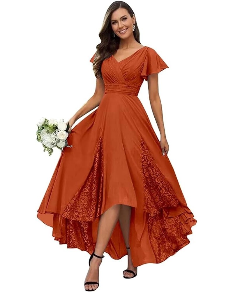 Mother of The Bride Dresses for Wedding Tea Length Ruffle Sleeves Long Chiffon Lace Appliques Evening Gown CM211 Burnt Orange...