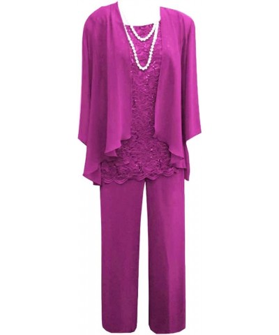 Mother of The Bride Pants Suits for Wedding Party Dresses 3 Pieces Chiffon Lace Mother of Groom Dresses with Jacket Fuchsia $...