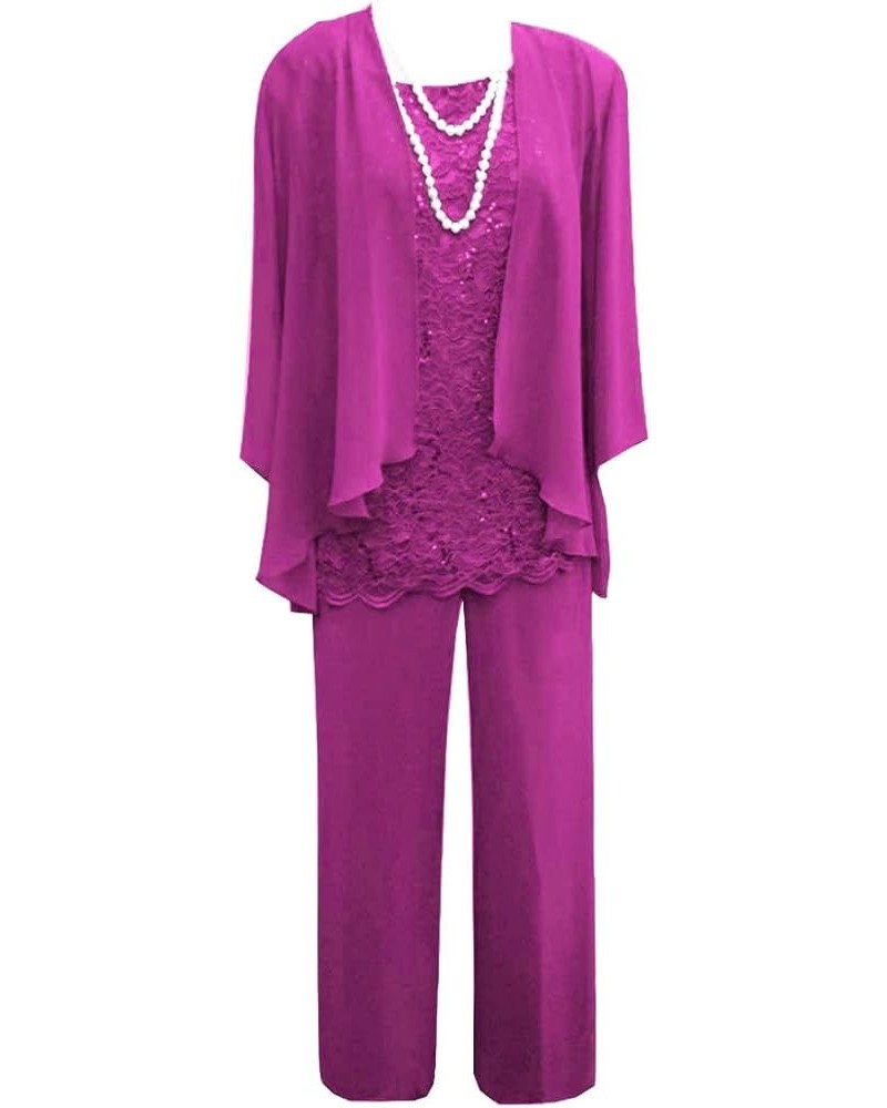 Mother of The Bride Pants Suits for Wedding Party Dresses 3 Pieces Chiffon Lace Mother of Groom Dresses with Jacket Fuchsia $...