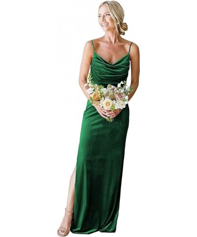 Women's Cowl Neck Velvet Bridesmaid Dress Long Spaghetti Straps Formal Wedding Guest Dresses with Side Slit Green $32.85 Dresses